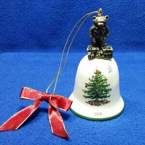 Spode Christmas Tree 2018 Annual Bell with Gold Teddy Bear Topper Ornament.